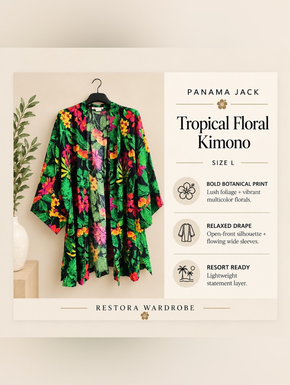 Panama Jack Kimono Tropical Floral Botanical Print Size L Resort Boho